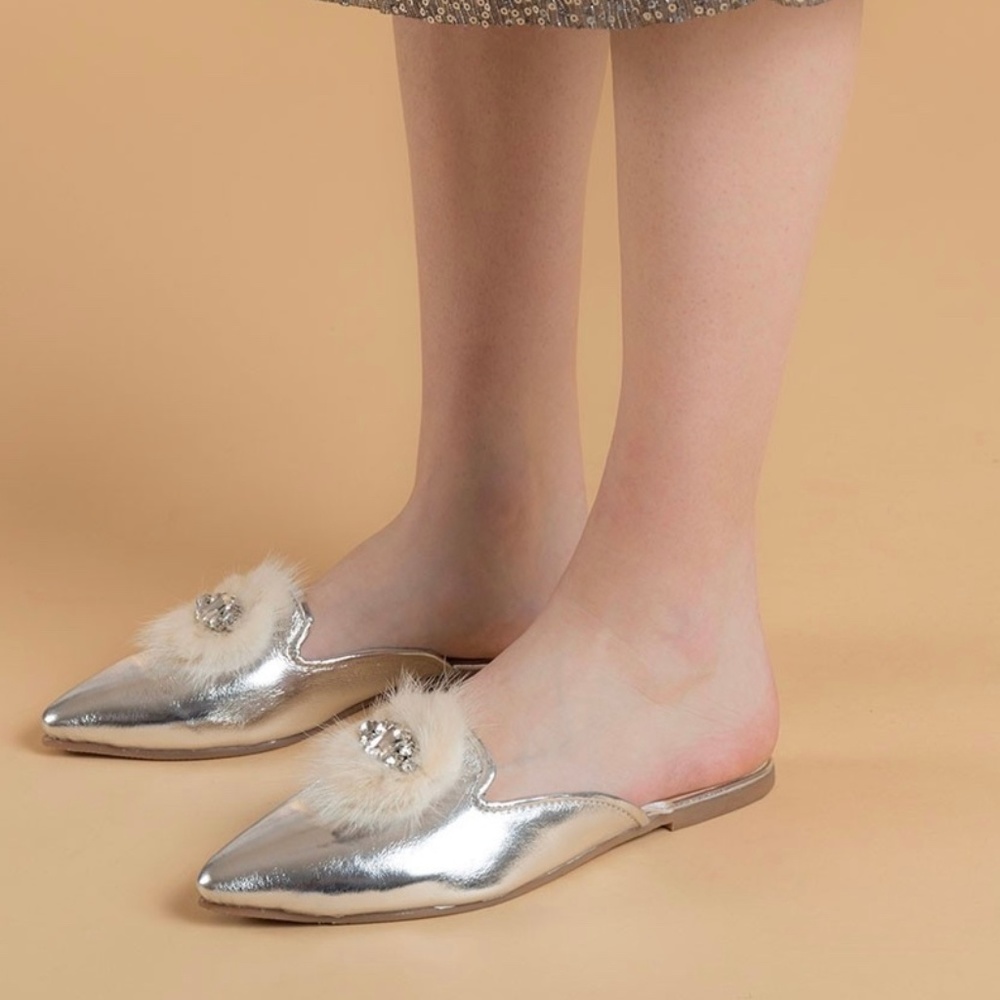 Silver Metallic Jeweled Slippers